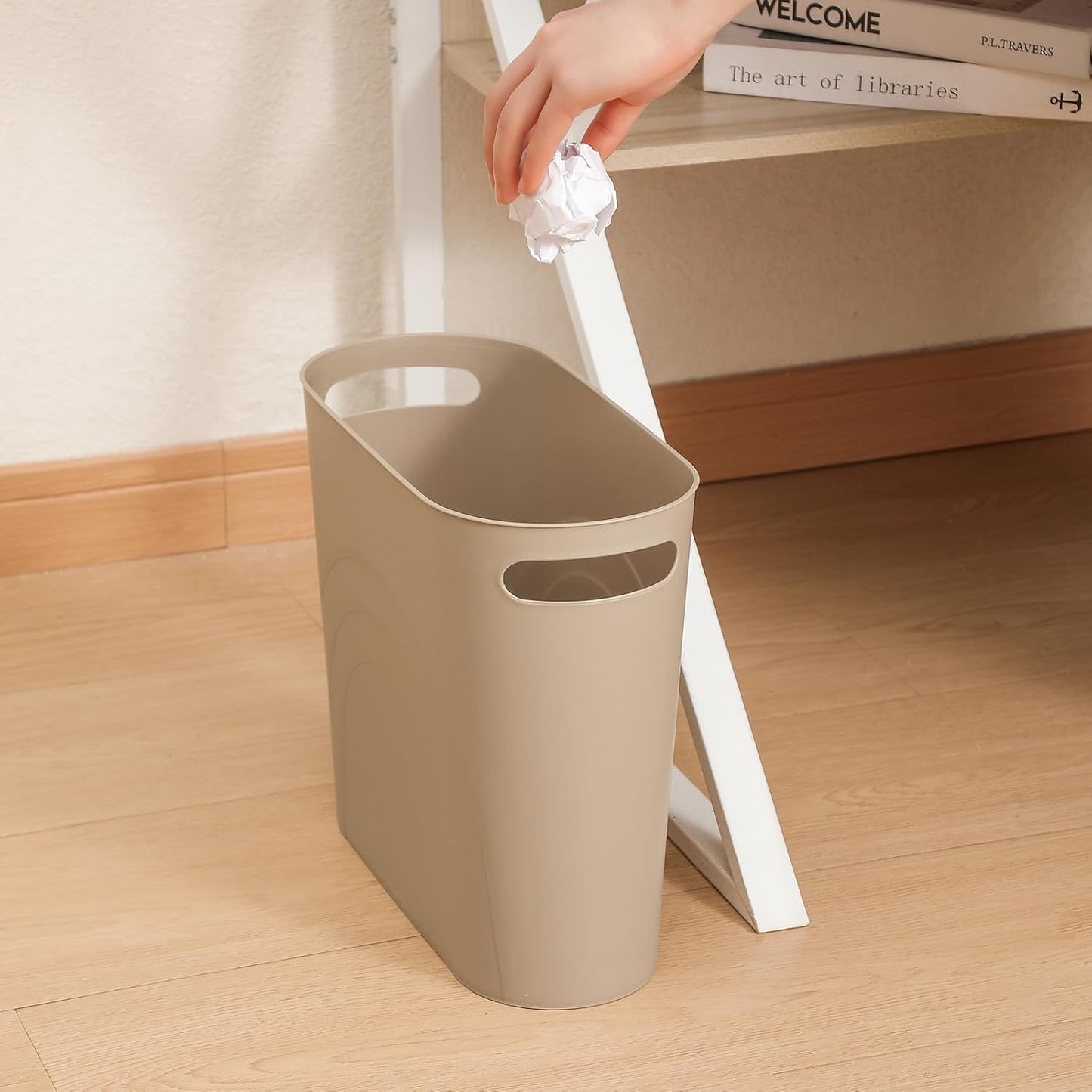 rejomiik Small Trash Can, Slim Garbage Can Plastic Waste Basket with Handles 3.5 Gallon Container Bin for Narrow Spaces Bathroom, Bedroom, Kitchen, Office at Home, 2 Pack Khaki