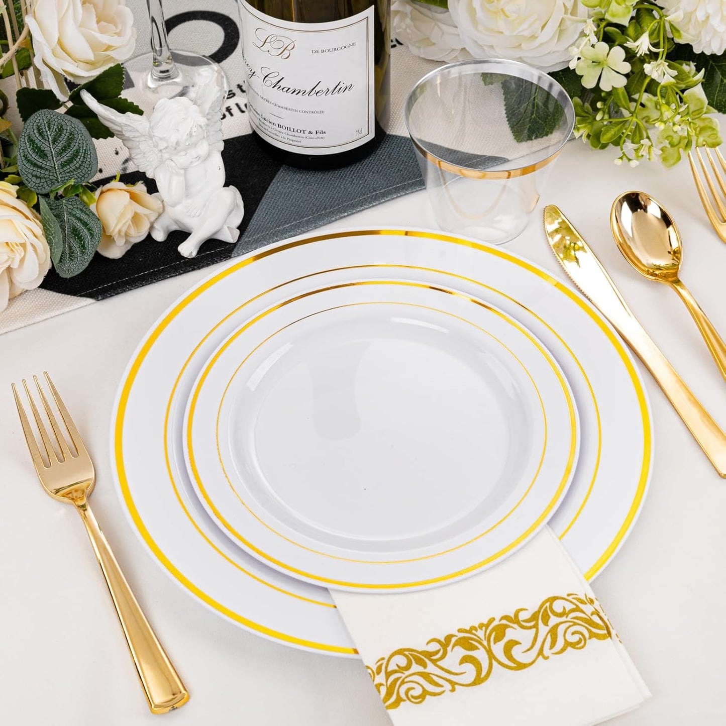 175 Pcs Gold Dinnerware Set, Plastic Plates Disposable for 25 Guests Include:25 Rim Dinner Plate, 25 Dessert Plate, 25 Paper Napkins, 25 Cups, 25 Gold Silverware Set Perfect for Party