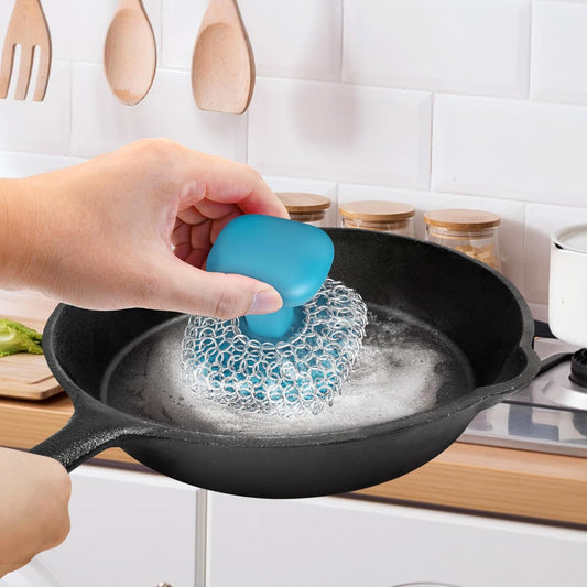 Cast Iron Scrubber | Dish Scrub Brush | 316 Cast Iron Cleaner Chainmail Scrubber for Pan Skillet Cleaner - Dish Scouring Pad Dishwasher Safe Cleaning Kit, Blue