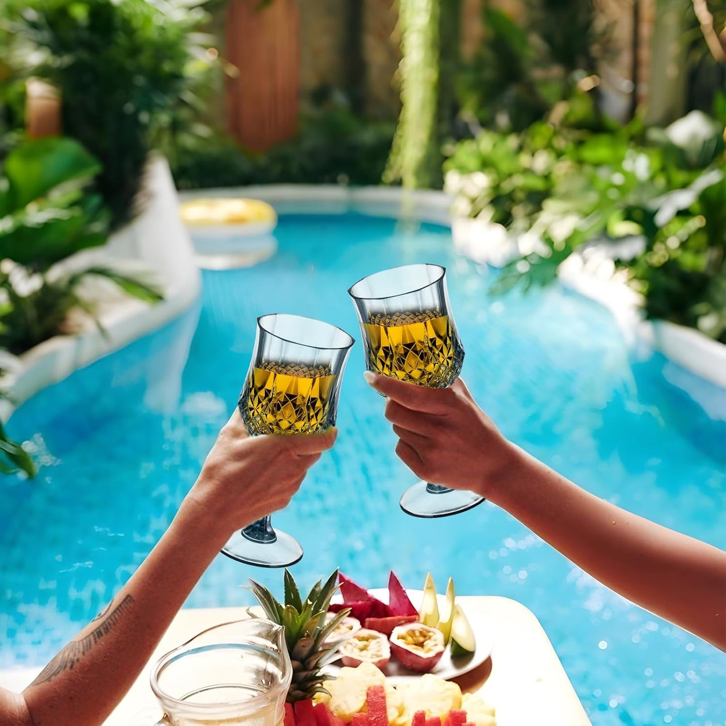 7OZ Plastic Wine Glasses, 24Pcs Blue Reusable Drinking Cups Vintage Champagne Flutes, Plastic Crystal Water Goblets for Parties Stemmed Shatterproof Drinking Glasses for Wedding, Toasting Party