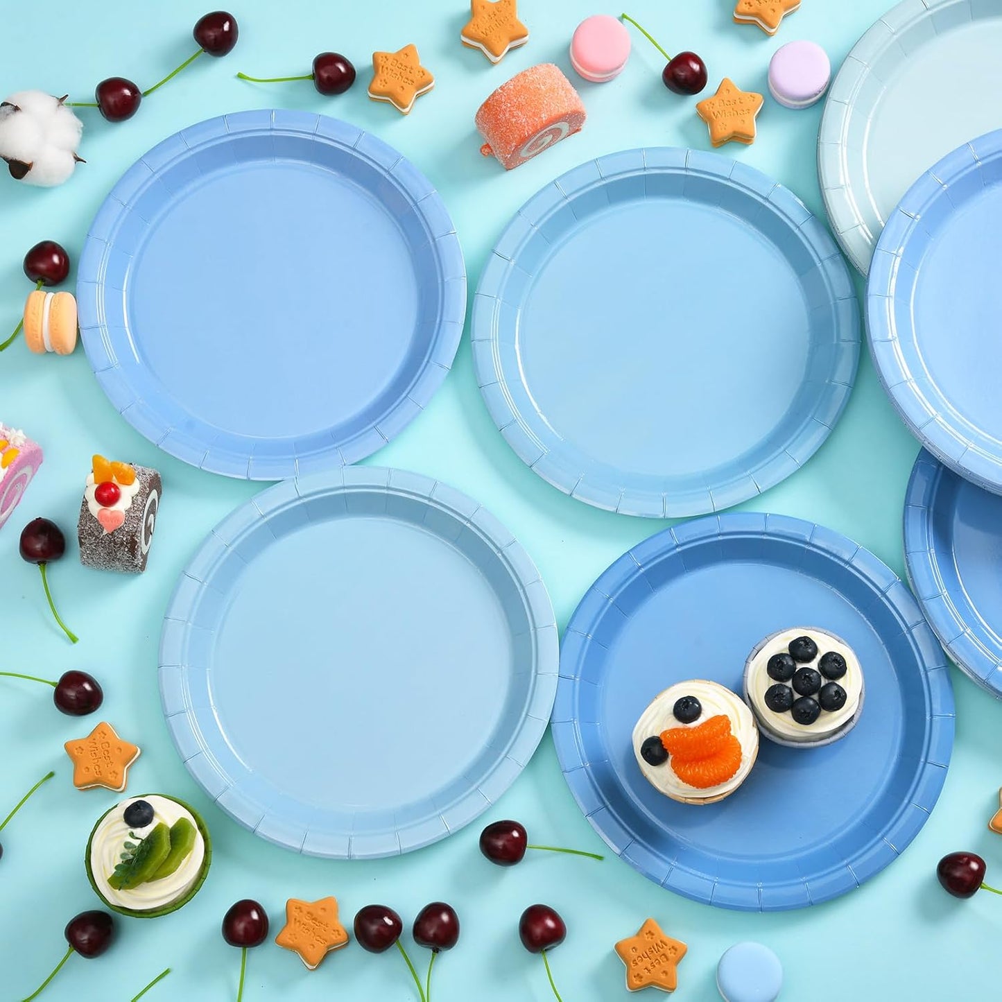 48 Pcs Blue Party Paper Plates, 9 Inch Cute Light Blue Disposable Dessert Baby Bridal Shower Dinner Birthday Cake Paper Plates for Party Bridal Baby Girl Shower Wedding Supplies