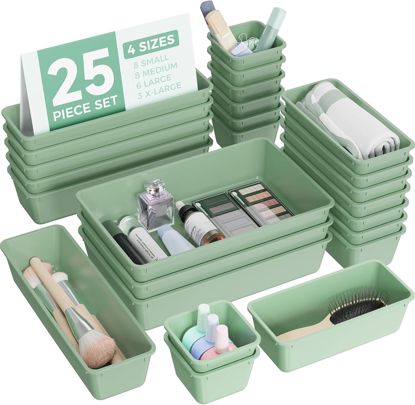 25 PCS Plastic Drawer Organizers Set, 4-Sizes Vanity and Makeup Organizer, Desk and bathroom Drawer Organizer Trays, Organizers and Storage for Makeup, Jewelry, Gadgets, Utensils (Green)