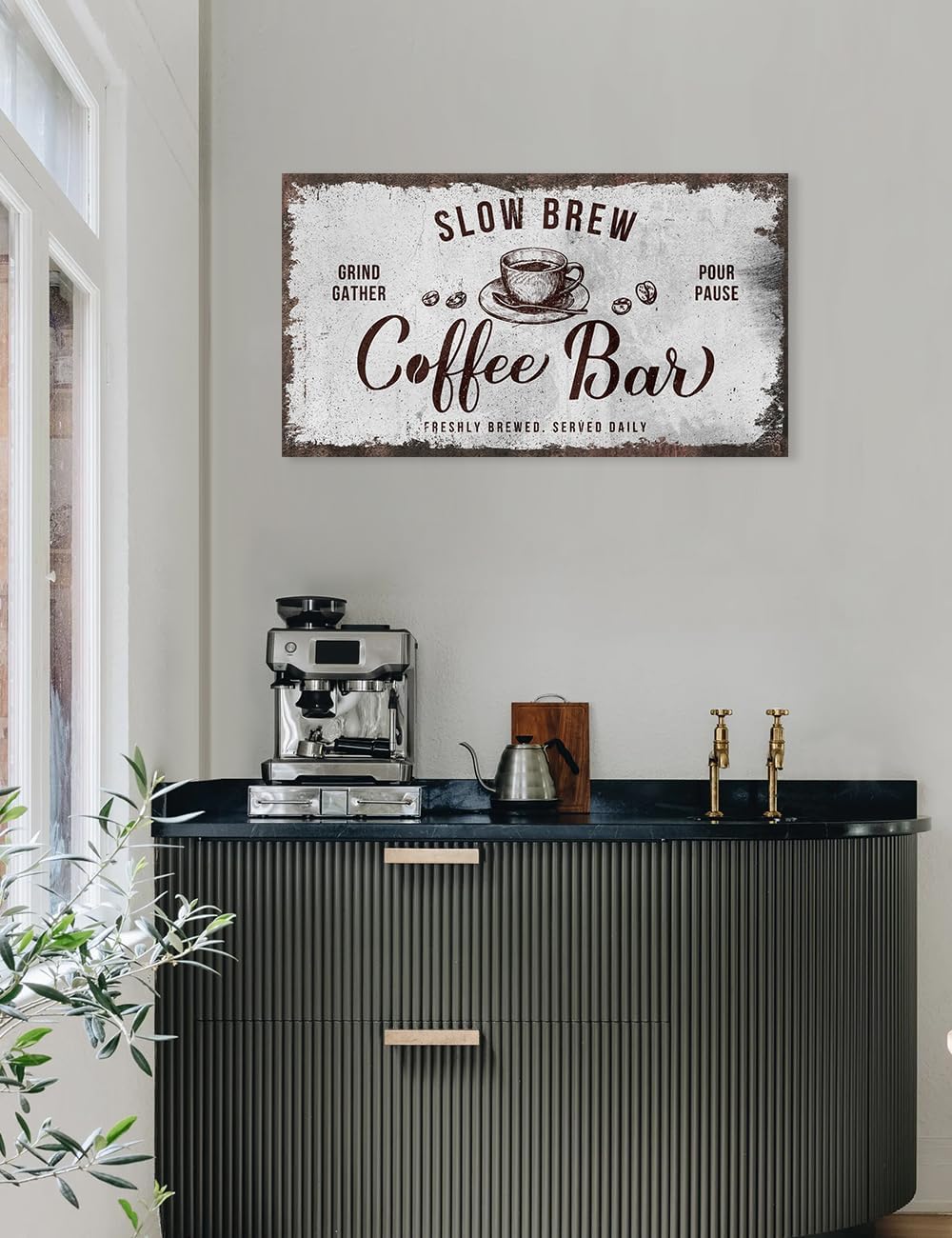 IPIC - Rustic Coffee Bar Sign Slow Brew, Canvas Print Wall Art for Home and Coffee Station, Rustic Industrial Style Wall Decor for Kitchen and Cafe