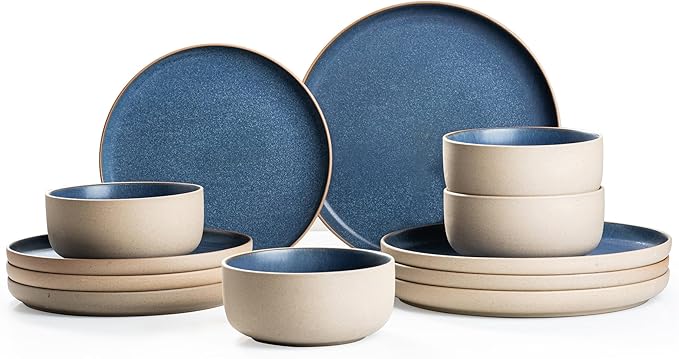 12 Pieces Dinnerware Sets,Plates and Bowls Sets,Handmade Reactive Glaze Dishes Set for 4 with at Least 10% Recycled Ceramic and the Raw Texture of the Clay (Reactive-Blue)