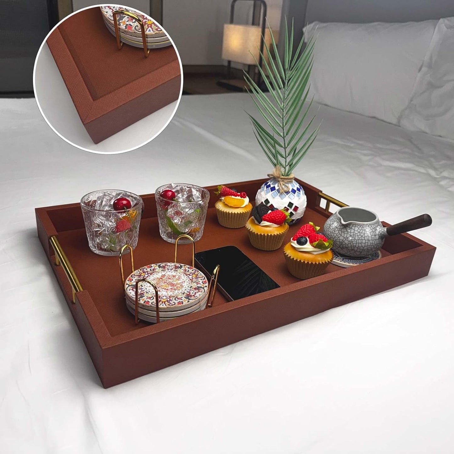 14x20 Inches Brown Faux Leather Wrapped Wood Serving Tray with Metal Handles for Various Occasions, Ottoman, Home Decor Decorative, Living Room, Coffee Table Organizer, Serving Breakfast On Bed