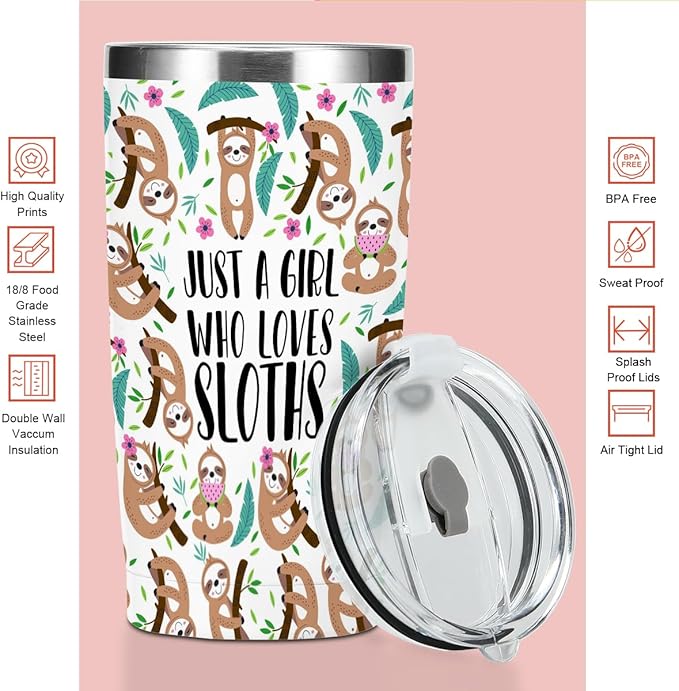 Cute Sloth Print Tumbler, Sloth Gifts 20 oz Stainless Steel Coffee Mug，Travel Cup，Insulated Cup with Lid for Car, Perfect Gifts for Women Sloths Lover Bestie Sister Christmas Birthday