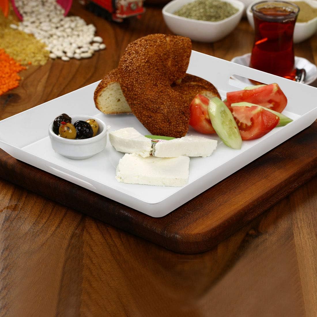 i BKGOO White Large Tray,Melamine Serving Tray with Handles, Set of 3 Rectangular Tray for Food Organizer,Breakfast, Lunch, Dinner 15.5 x 12.2 x 1.6 inch