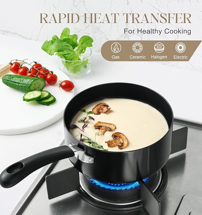 MICHELANGELO Nonstick 1 Quart Saucepan with Lid, Ceramic Small Sacuce pan, Easy to clean, Non-Toxic Saucepans, 1QT, Black