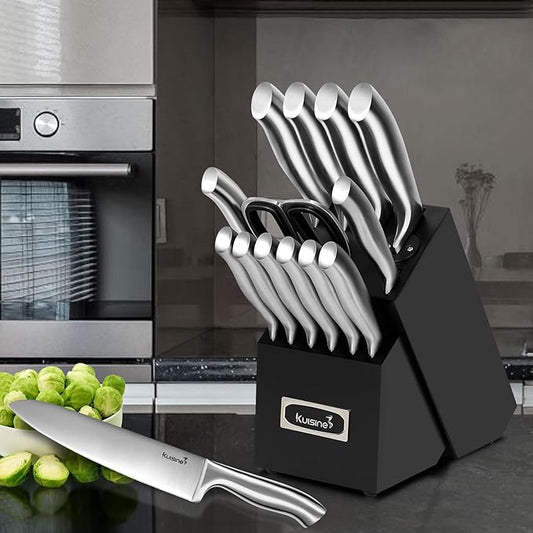 Kuisine Sharp Knife Set,One-piece Molding,Sharper Blade Ergonomic Non-slip Steel Handle,Block Knife Set Chef Knife Set with Built-in Sharpener(Black,15PCS)