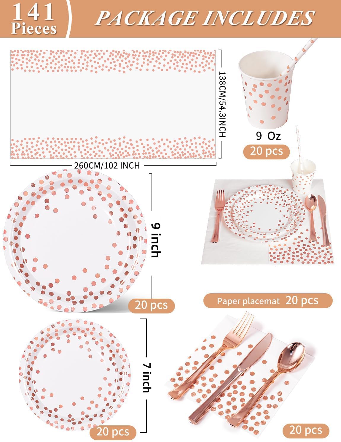 141 Pieces Rose Gold Party Supplies, Party Dinnerware Sets Include Paper Plates Napkins Cups Silverware, for Wedding Bridal Shower Engagement Birthday Parties Decoration -20 Serves