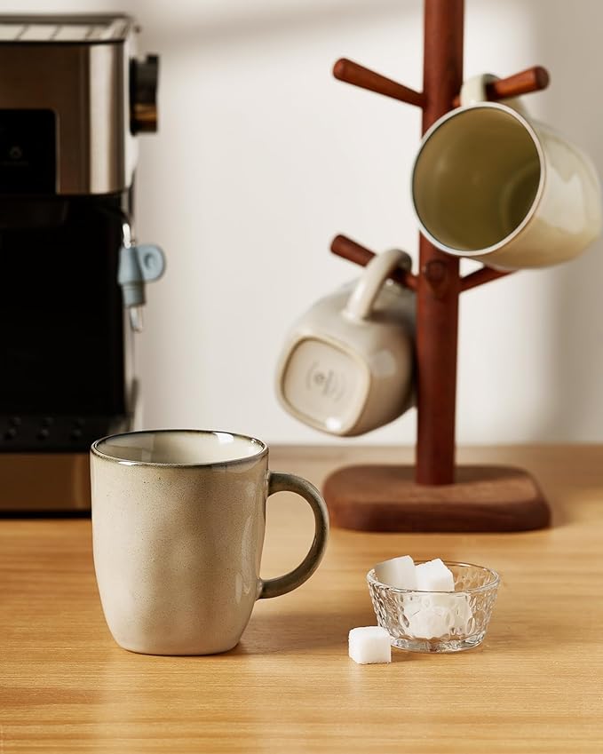 famiware Coffee Mugs Set of 6, Ocean Square 13oz Coffee Cup Set with Handle for Cocoa, Milk, Hot Chocolate, Tea, Water, Stoneware Cups for Kitchen, Microwave and Dishwasher Safe, Light khaki