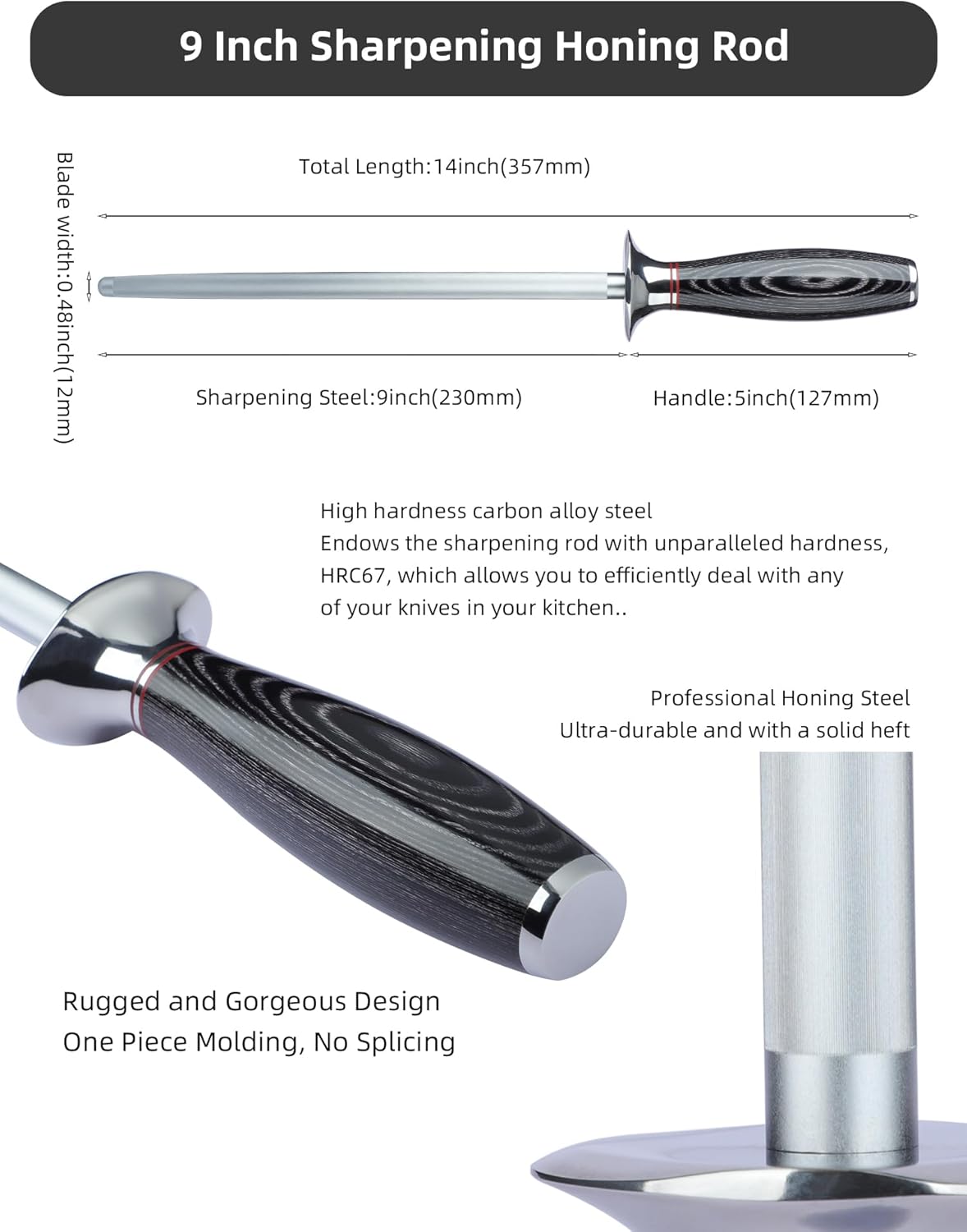 Honing Rod, Sharpening Steel for Kitchen Knives – 9" Honing Steel with Pakkawood Handle – MIAO Series