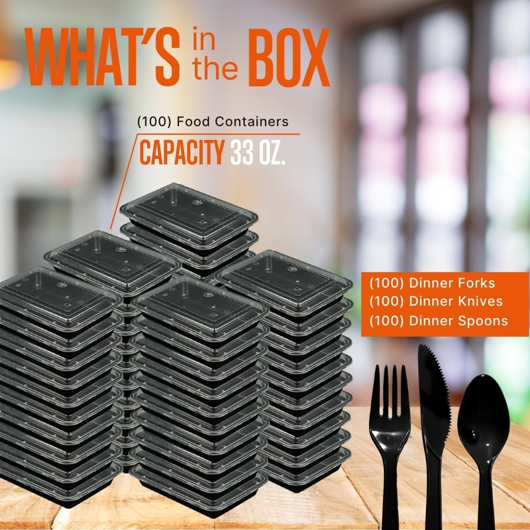 SQUATZ 100 Meal Prep Containers 33oz Reusable with Lid, Sturdy Leakproof & Food Safe, Microwave, Freezer, Dishwasher Safe Food Prep Containers To Go Take Out Plastic Storage BPA-Free Includes Utensils
