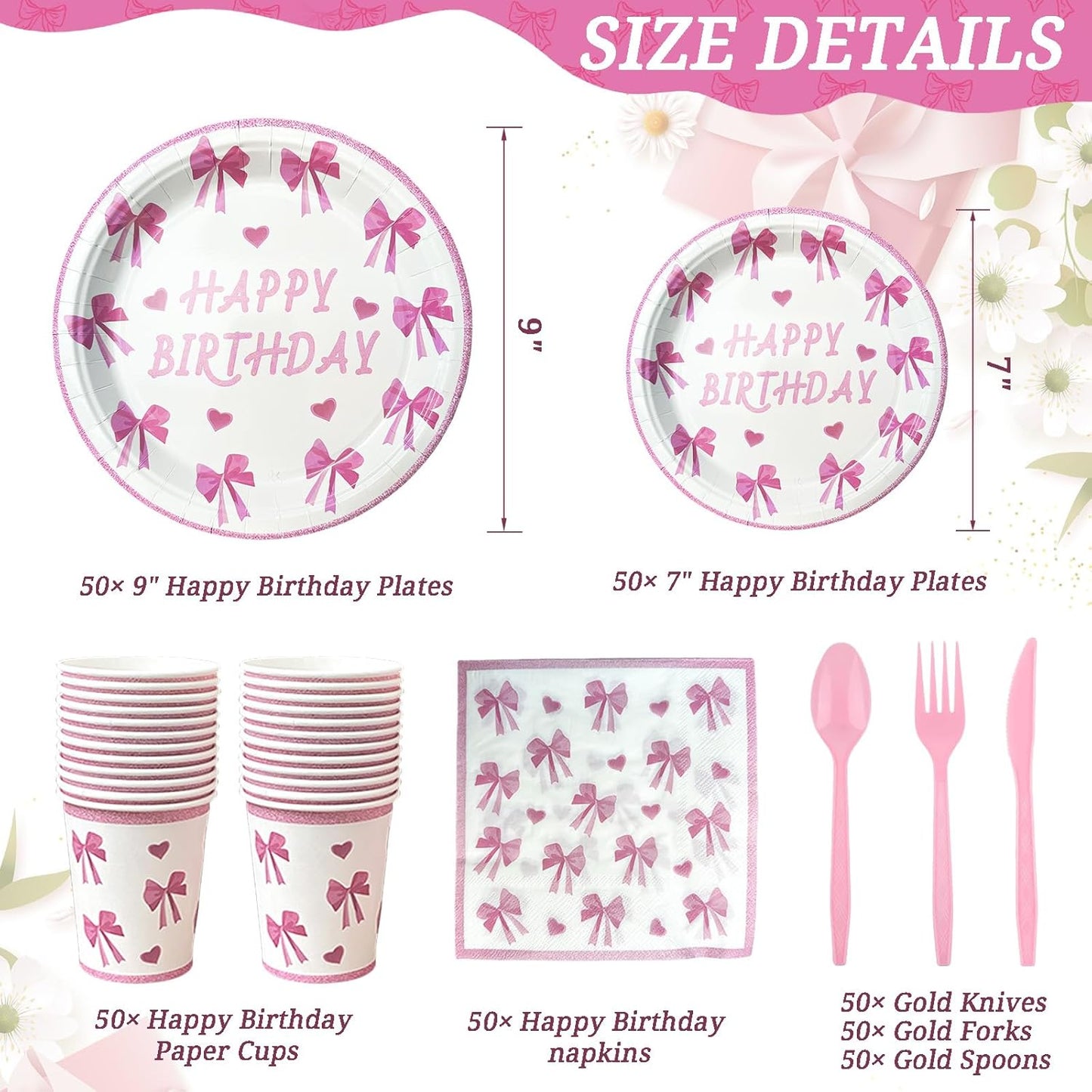 350 PCS Coquette Birthday Plates and Napkins Sets Includes Disposable Plates Dessert Plates Napkins Cups Plastic Knives Forks Spoons Disposable Dinnerware Set For Pink Bow Party (50 Guest)
