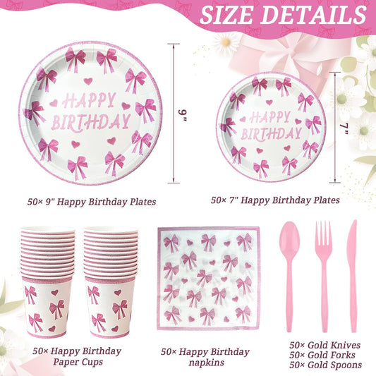 350 PCS Coquette Birthday Plates and Napkins Sets Includes Disposable Plates Dessert Plates Napkins Cups Plastic Knives Forks Spoons Disposable Dinnerware Set For Pink Bow Party (50 Guest)