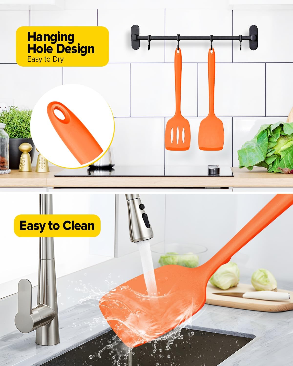Pack of 2 Silicone Spatula Turners, Non Stick Slotted Kitchen Spatula Set, Heat Resistant BPA Free Kitchen Utensils, One-Piece Design, Suitable for Flipping Fish, Eggs, Steak, Pancakes (ORANGE)