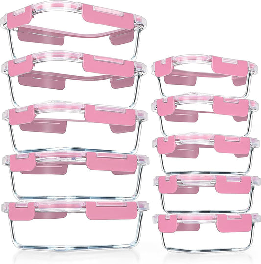 VERONES 10Pack Glass Meal Prep Containers, Airtight Glass Lunch Containers,Stackable Food Storage Containers Set with Lids,Exclusive of BPA, for Microwave,Oven, Freezer&Dishwasher Friendly,Pink