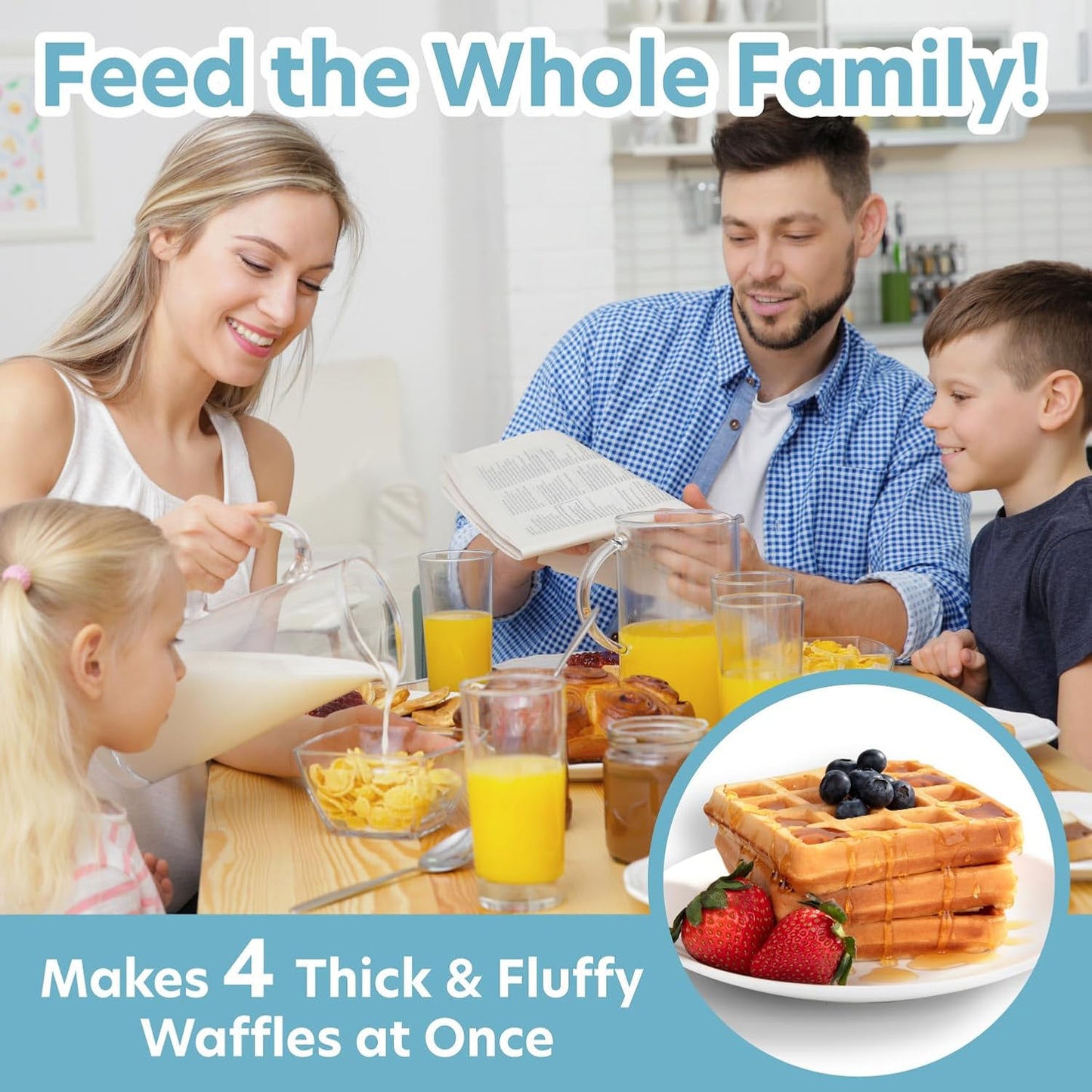 CucinaPro Four Square Belgian Waffle Maker, Extra Large Stainless Steel Kitchen Appliance w Nonstick Waffler Iron Plates Makes 4 Fluffy Waffles, Great Griddle for Family Holiday Breakfast or Xmas Gift