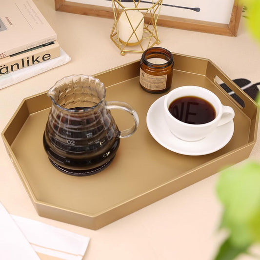 Gold Octagonal Serving Tray with Handles for Coffee Table, Plastic Decorative Tray for Ottoman, Kitchen Counter, Living Room, Outdoor Lacquer Tray for Entertaining
