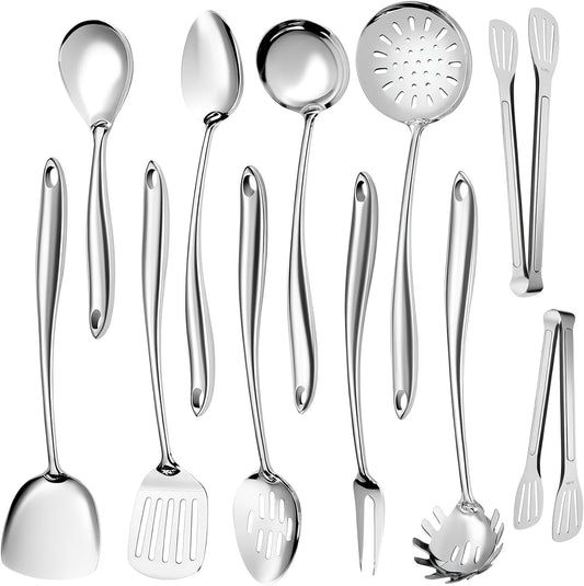 304 Stainless Steel Kitchen Utensils Set, 11 PCS Metal Cooking Utensils Set with Spatula, Spoon, Ladle, Skimmer, Turner, Pasta Server, Tongs