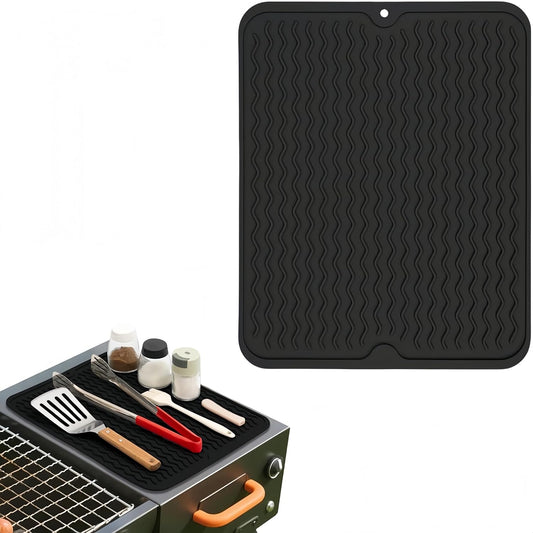 Blackstone Griddle Accessories Silicone Grill Side Shelf Tool Mat, Outdoor BBQ Spatula Mat, with Drip Pad Kitchen Countertop Heat Resistant Mat (Black)