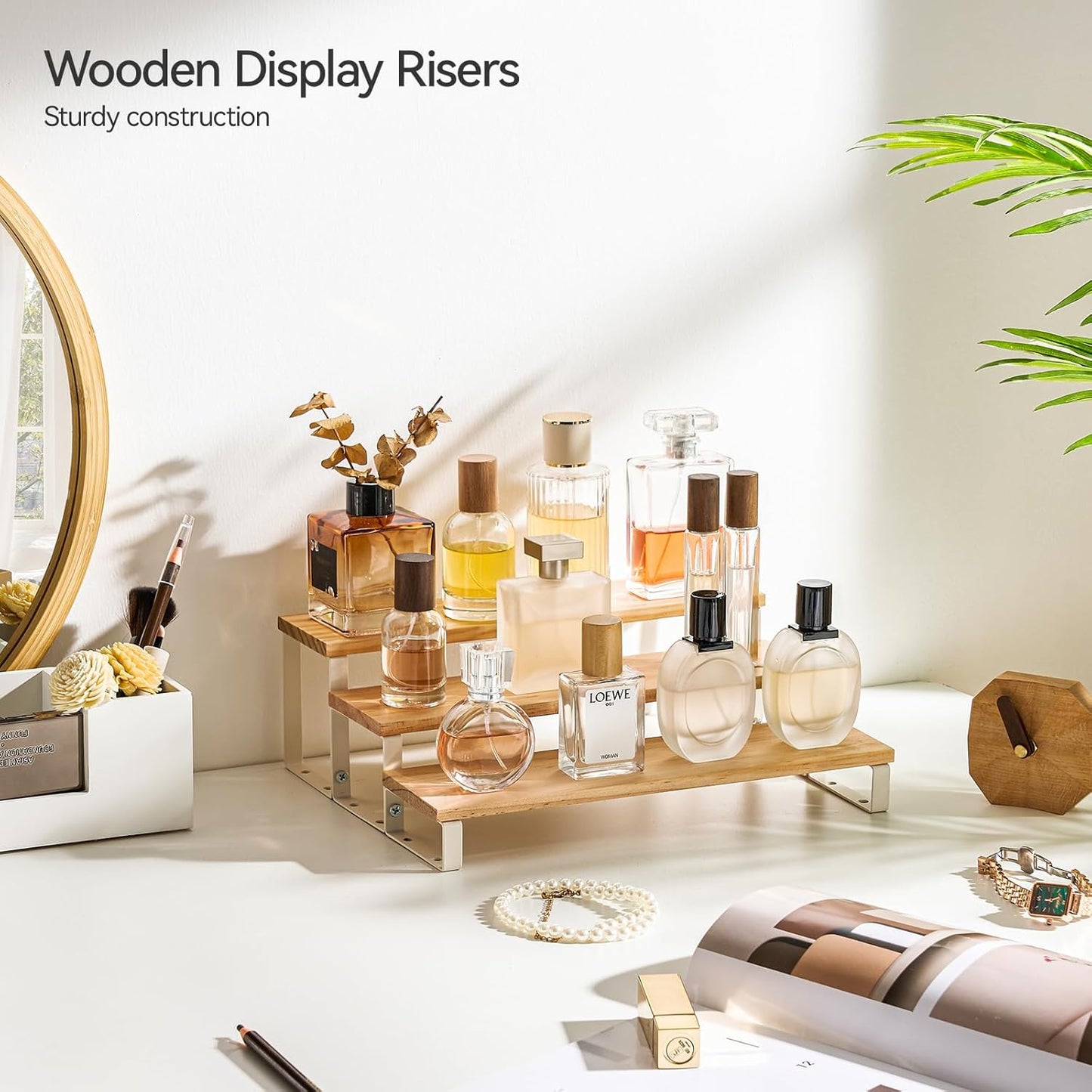 Spice Rack,Wooden Display Riser Stand, 3-Tier Perfume Stand and Cologne Organizer Stand, DIY Spice Rack Organizer, Display Shelf Metal Frame