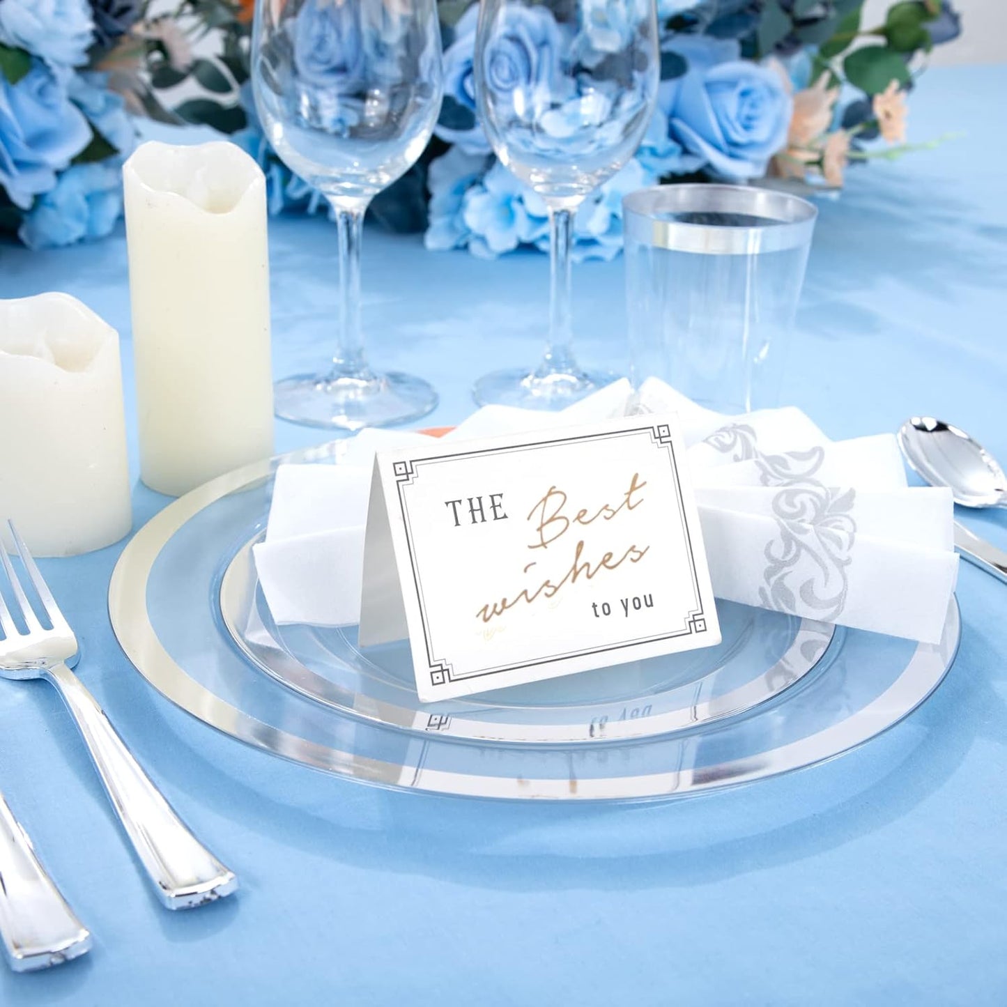 YOUBET 175PCS Clear Plastic Plates with Silver Rim include -Disposable Silver Plstic Plates Includes 50 Silvery Plastic Plate, 25Forks, 25Knives, 25Spoons, 25Cups, 25Napkins for Wedding & Party