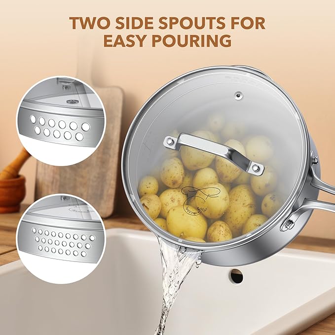 PekGema Stainless Steel Saucepan 2.5 Quart with Glass Strainer Lid, Thicken Tri-ply Full Sauce Pot, Two Side Spouts for Easy Pour, Dishwasher Safe, Induction Ready, Compatible with All Cooktops