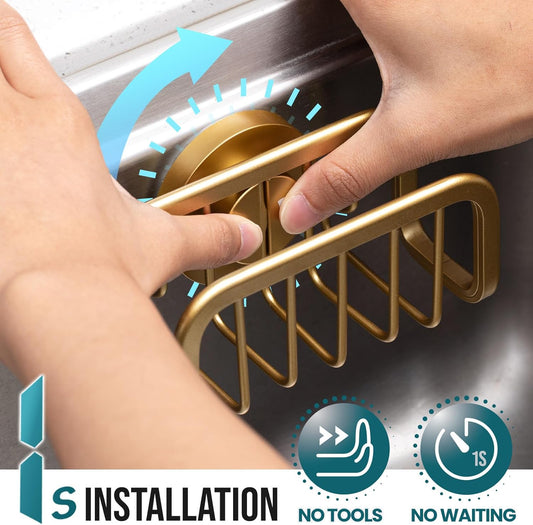 TAILI Sponge Holder for Kitchen Sink with Strong Suction Cup, Rustproof Aluminum Sink Caddy for Sponges, Removable Sponge Holder, Dish Brush for Scraper - Gold