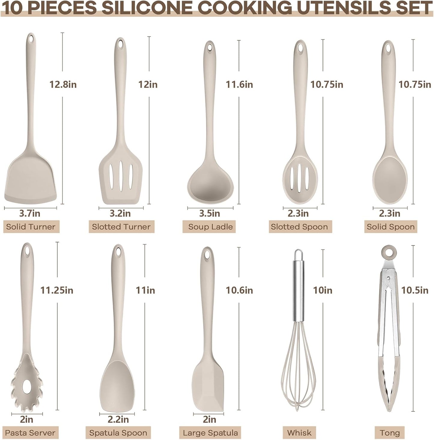 TeamFar Kitchen Cooking Utensils, 10 pcs Silicone Cooking Utensils Set, 446°F Heat Resistant Kitchen Gadgets Tools Set w/Spatula, Turners, Spoons, Soup Ladle, Pasta Server for Nonstick Cookware, Khaki