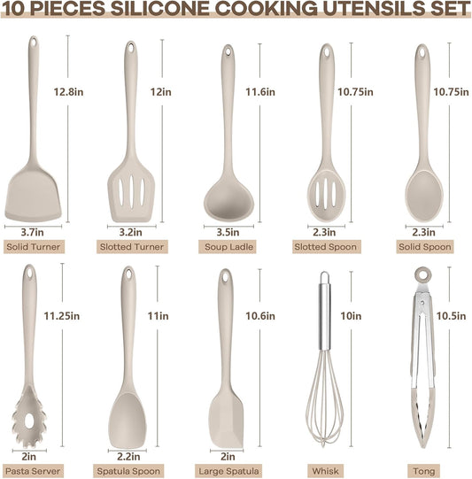 TeamFar Kitchen Cooking Utensils, 10 pcs Silicone Cooking Utensils Set, 446°F Heat Resistant Kitchen Gadgets Tools Set w/Spatula, Turners, Spoons, Soup Ladle, Pasta Server for Nonstick Cookware, Khaki