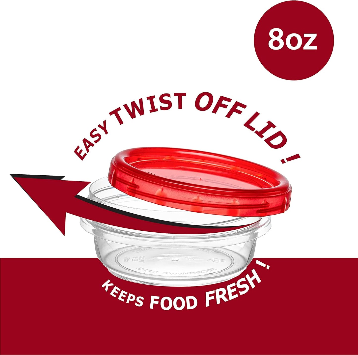 (8 Ounce 20 Pack) Twist cap Containers Clear Bottom With Red Top Screw on Lids Twist Top Food Storage Freezer Containers