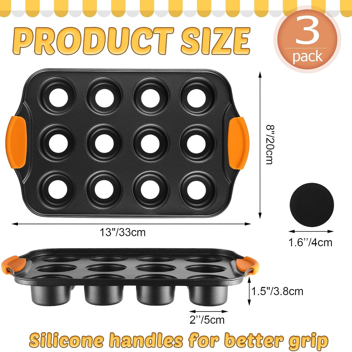 Uiifan 3 Pack Mini Cheesecake Pans Removable Bottom 12 Cavity Mini Cupcake Pan with Silicone Handle Nonslip Anti Heat Nonstick Carbon Steel Muffin Mold 13 x 8 Baking Molds(Orange)