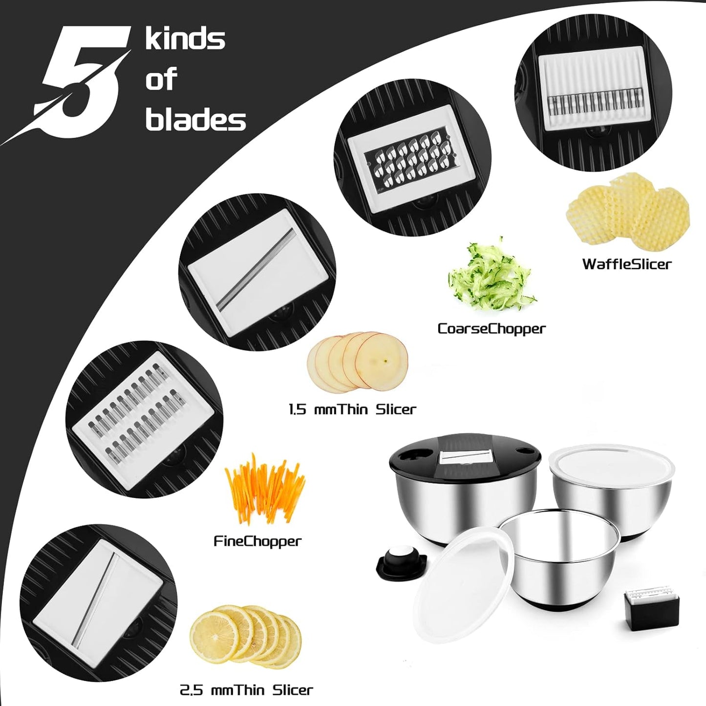 Mixing Bowls with Lids Set,Pack of 3 Stainless Steel Nesting Bowls with Grater Airtight Lids Non-Slip Bottoms for Slicing,Shredding,Grating,Mixing,Cooking,Baking(Black)