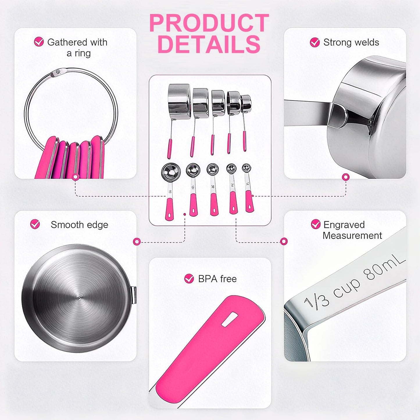 Measuring Cups and Spoons Set, Stainless Steel 10 Piece for Cooking and Baking (5 Cups + 5 Spoons, Pink Handle)