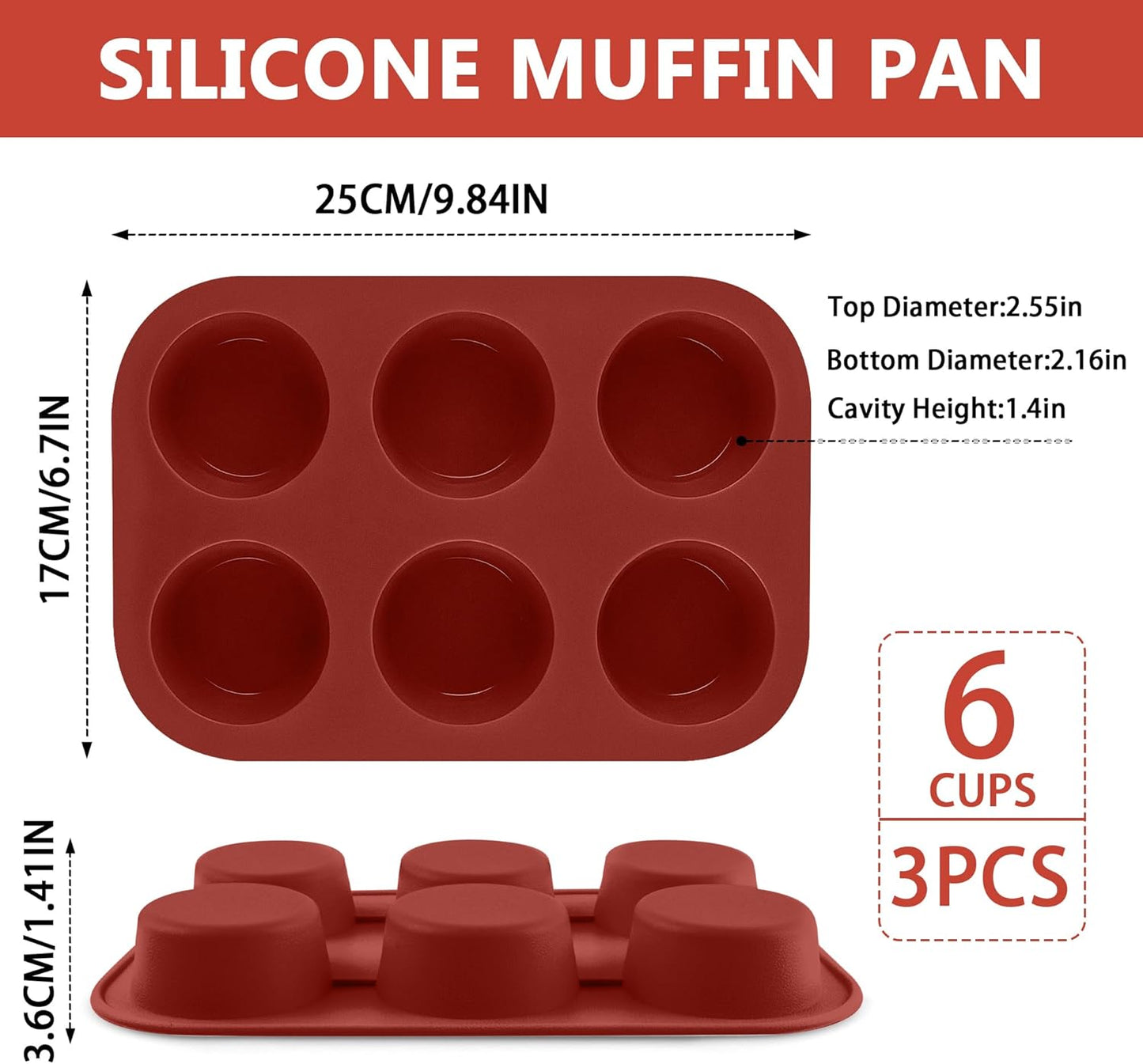 3-Pack 6-Cup Silicone Muffin Pans, Nonstick Cupcake Baking Molds, Muffin Cupcake Pans Molds for Baking, BPA/PFA-Free, Dishwasher & Oven Safe - Brown