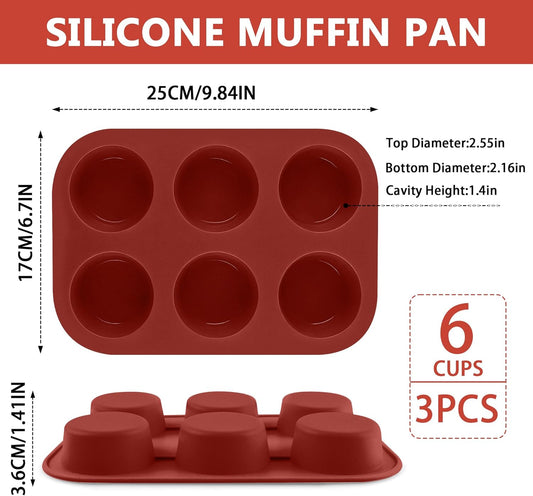 3-Pack 6-Cup Silicone Muffin Pans, Nonstick Cupcake Baking Molds, Muffin Cupcake Pans Molds for Baking, BPA/PFA-Free, Dishwasher & Oven Safe - Brown