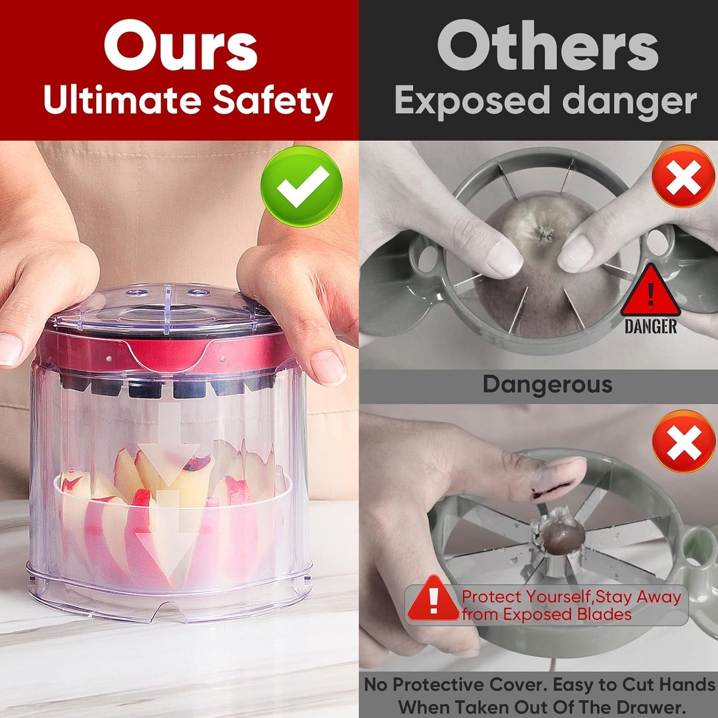 OOKUU Extra-Large Apple Slicer & Corer – 16-Blade Heavy Duty Stainless Steel Apple Cutter, Safe & Quick Apple Divider for Apples, Pears & More, with Clear Catch Bowl