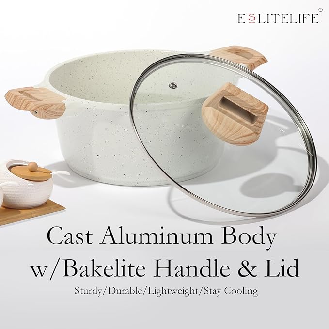 ESLITE LIFE Nonstick Stock Pot with Lid, 7 Quart Granite Casserole Large Soup Pot Pasta Cooking Pot, Induction Compatible, PTFE & PFOA Free, White