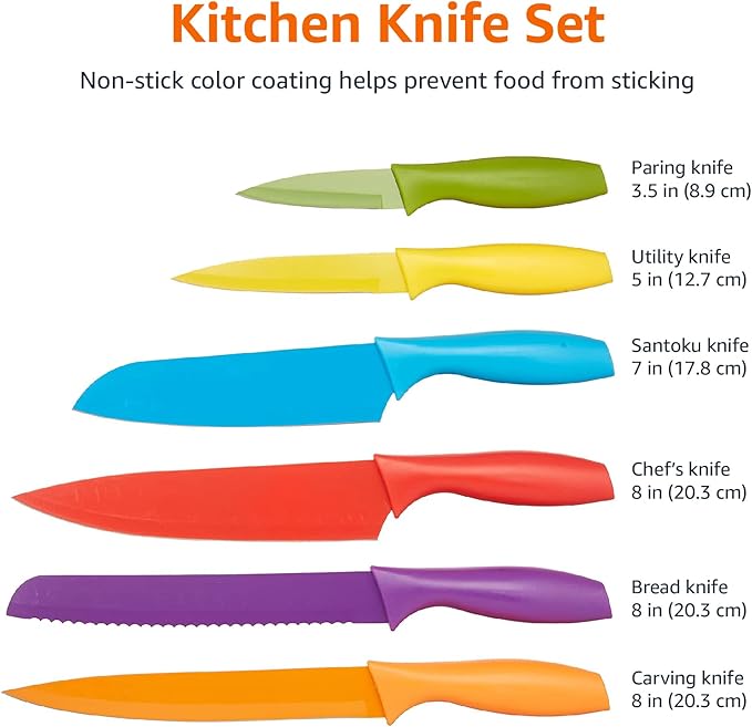 Amazon Basics Color-Coded Dishwasher Safe Kitchen 12-Piece Knife Set, 6 Knives with 6 Blade Guards, Multicolor, 13.88 x 4.13 x 1.38 inch