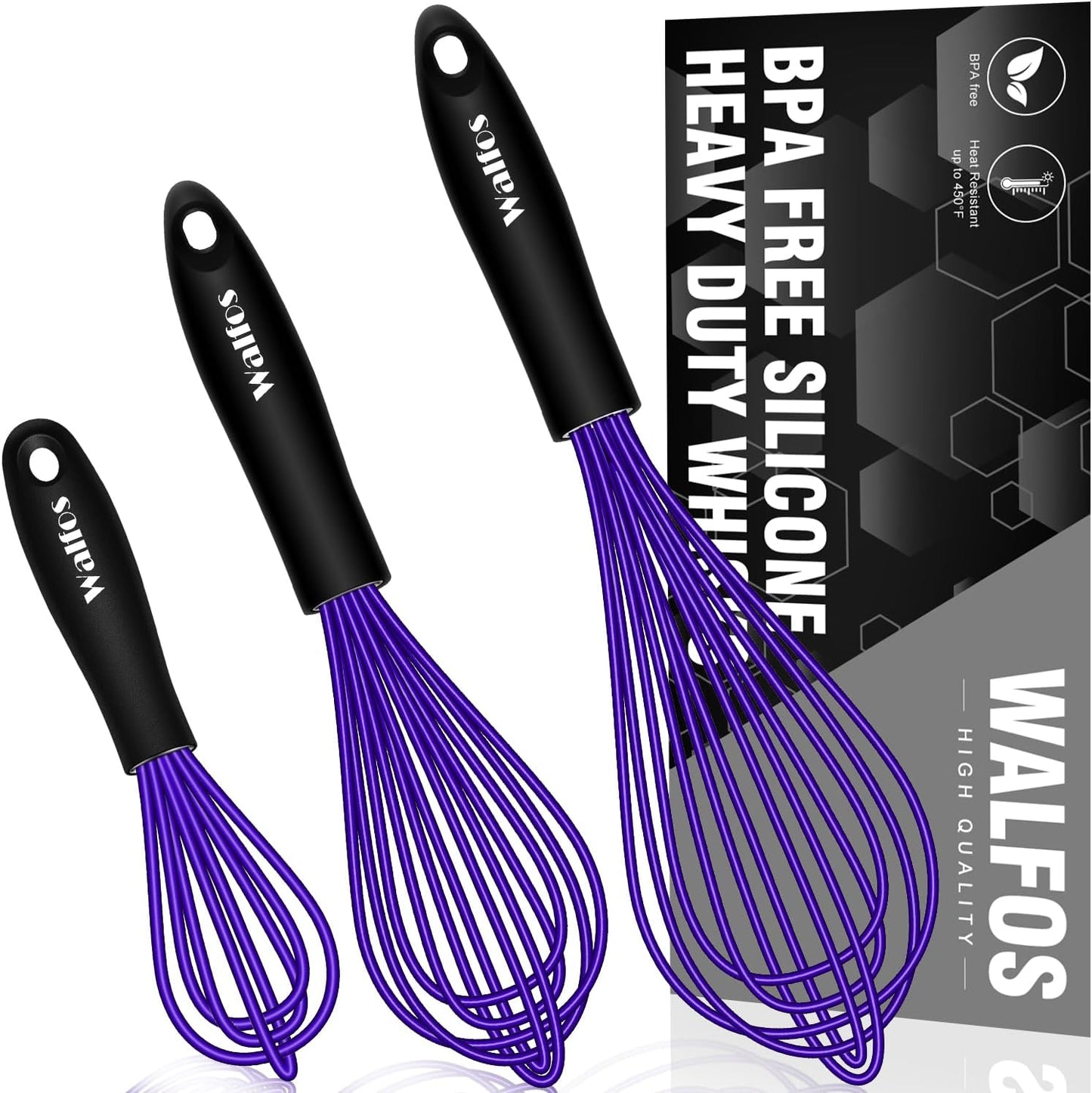 Walfos Whisk,7+9+11in Silicone Whisks for Cooking Non Scatch,Kitchen Whisk,BPA Free and Heat Resistant 480°F,Wisk Perfect for Frothing,Blending,Beating.Dishwasher Safe 3pcs Dark Purple