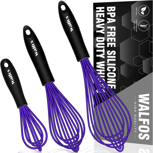 Walfos Whisk,7+9+11in Silicone Whisks for Cooking Non Scatch,Kitchen Whisk,BPA Free and Heat Resistant 480°F,Wisk Perfect for Frothing,Blending,Beating.Dishwasher Safe 3pcs Dark Purple
