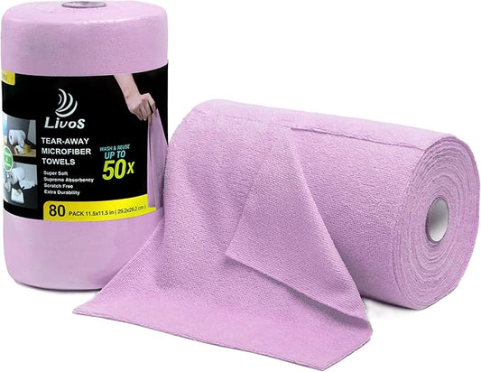 LIVOS Microfiber Cleaning Cloth Roll - 80 Pack, Reusable Paper Towels Purple Tear Away Towels, Microfiber Towels for Cars, Super Absorbent Lint Free Cleaning Rags for House,Kitchen,Window-11.5"x11.5"