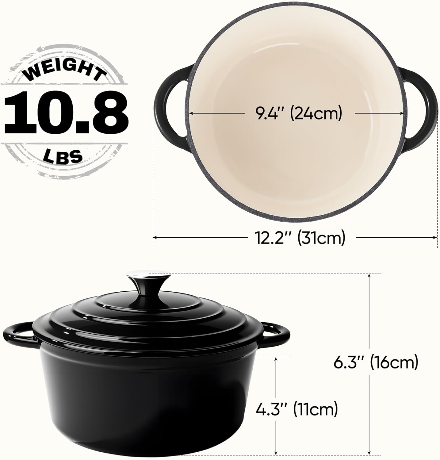 4.5 Quart Dutch Oven Pot with Lid, Non Stick Enameled Cast Iron Dutch Oven for Bread Baking,Heavy-Duty, Oven Safe Ceramic Cookware Up to 500°F for Baking, Braising, Stews, Roasting, Black