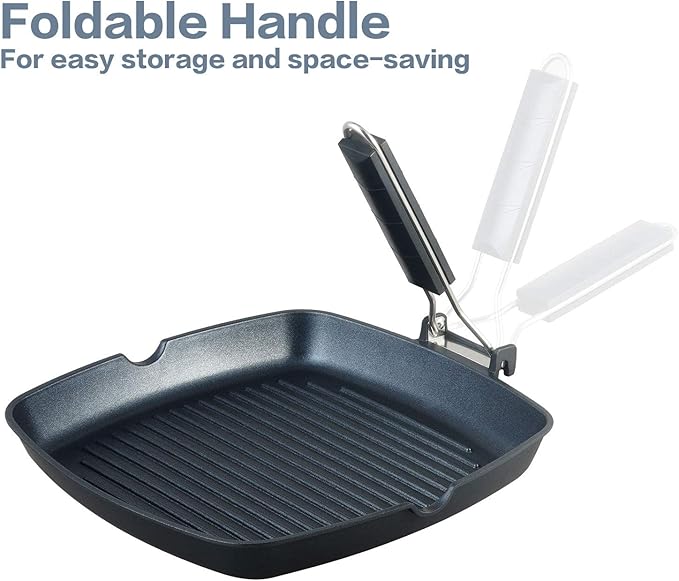 SKITCHN Grill Pan With Folding Handle, Nonstick for Stove Tops, Induction Compatible KBBQ With Pour Spouts, Indoor Square BBQ Grilling - 9IN