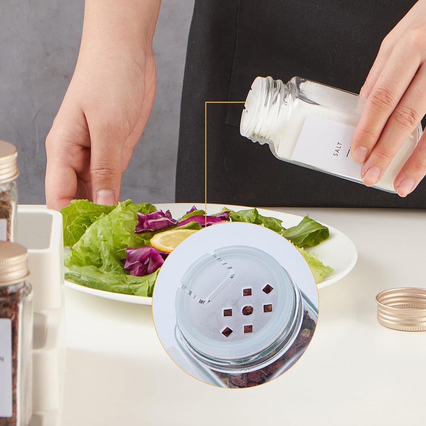 48 Pcs Spice Jars with Label- Glass Spice Jars with Gold Metal Caps,Shaker Lids, Funnel, Chalk Pen, Brush,Cleaning Cloth,Skiileor 4oz Seasoning Containers Bottles for Spice Rack, Cabinet, Drawer