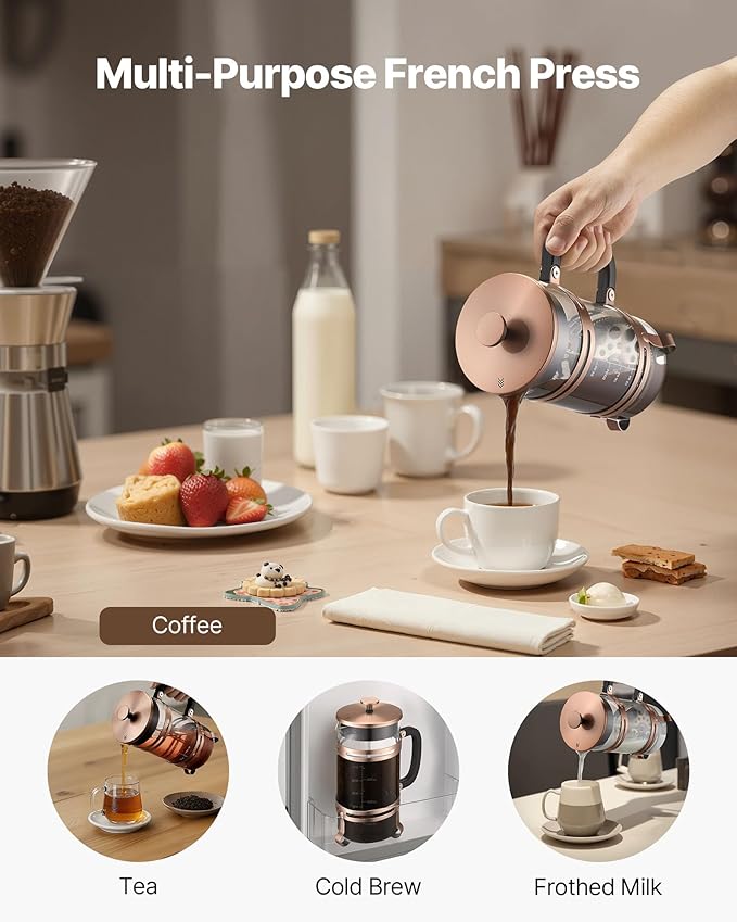 VEVOR French Press Coffee Maker, 34 Ounce 1 Liter Borosilicate Glass Coffee Press Tea Maker with Stainless Steel Filter, Large Glass French Presses Cold Brew for Camping Travel Home Kitchen, Copper