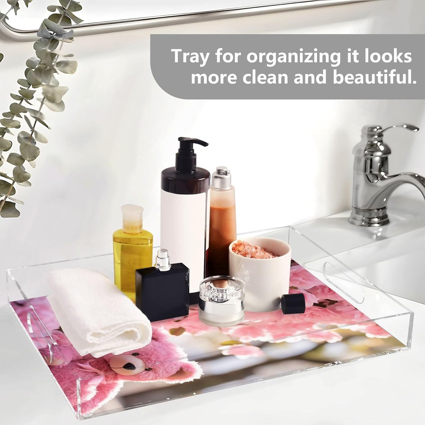 Plastic Food Serving Tray Decorative Vanity Trays for Bathroom Pink Bear Flower Coffee Table Kitchen Counter 11.8 * 15.7in