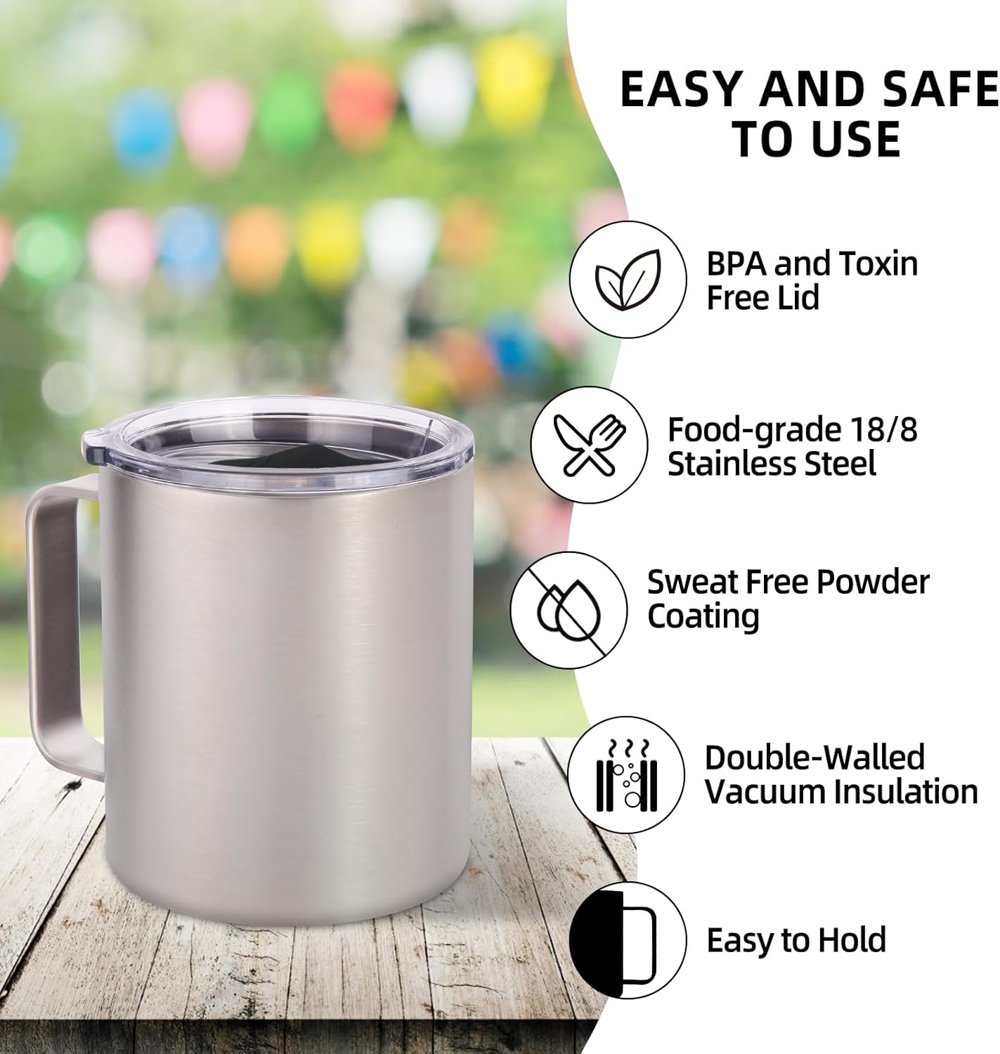 Volhoply 14oz Insulated Stainless Steel Coffee Mug with Leakproof Lid,Double Wall Vacuum Travel Coffee Cup with Handle,Reusable Metal Cups Tumbler,Camping Mugs Keep Hot,Ideal Gifts(Silver,1)