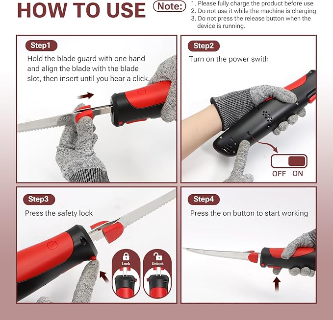 VLOXO Electric Knife for Meat Slicing, Rechargeable Electric Carving Knife with 2 Stainless Steel Blades Safety Lock Ergonomic Handle Cordless electric knives for Fish Fillet Steak Bread Turkey